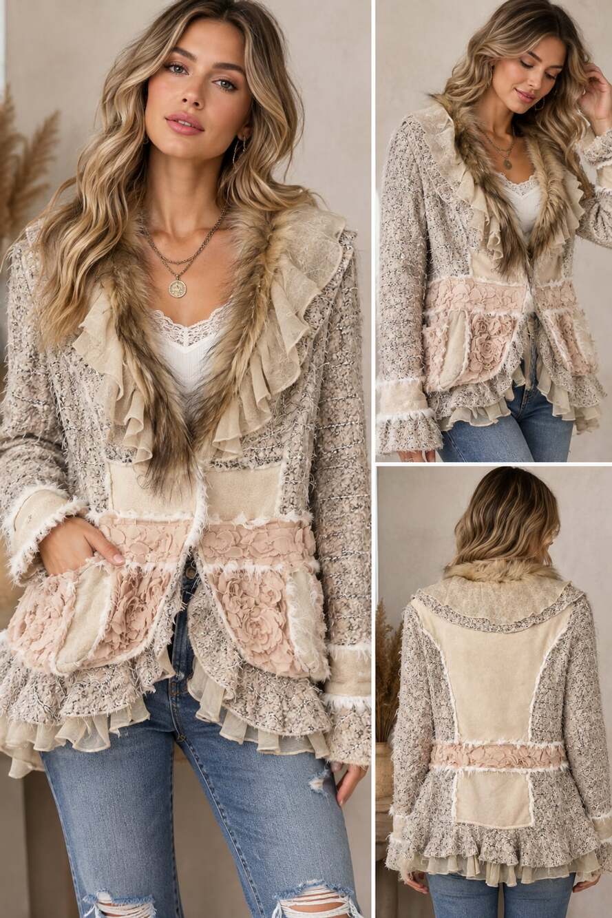Passion Concept Boho Faux Fur Trimmed Ruffle Knit Jacket Size Large